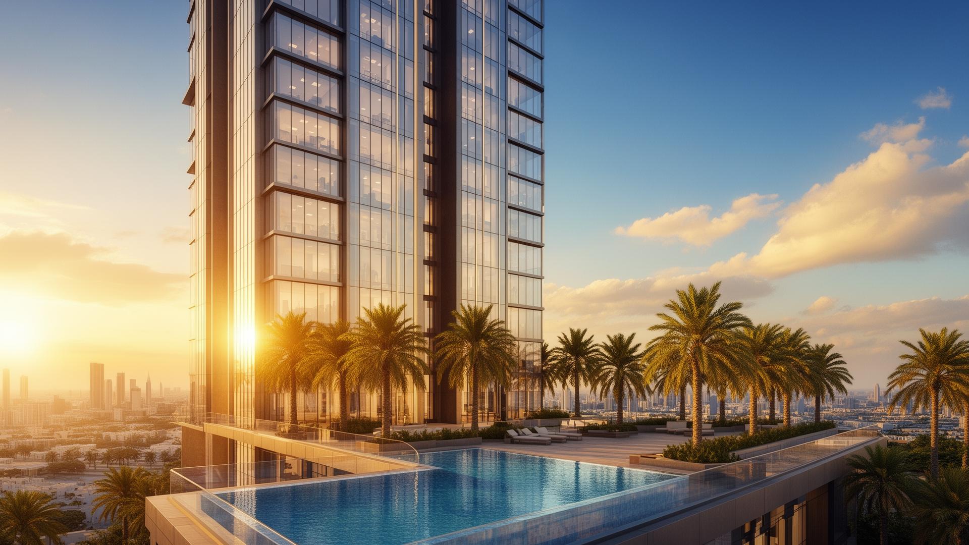 Luxury skyscraper at sunset in Dubai